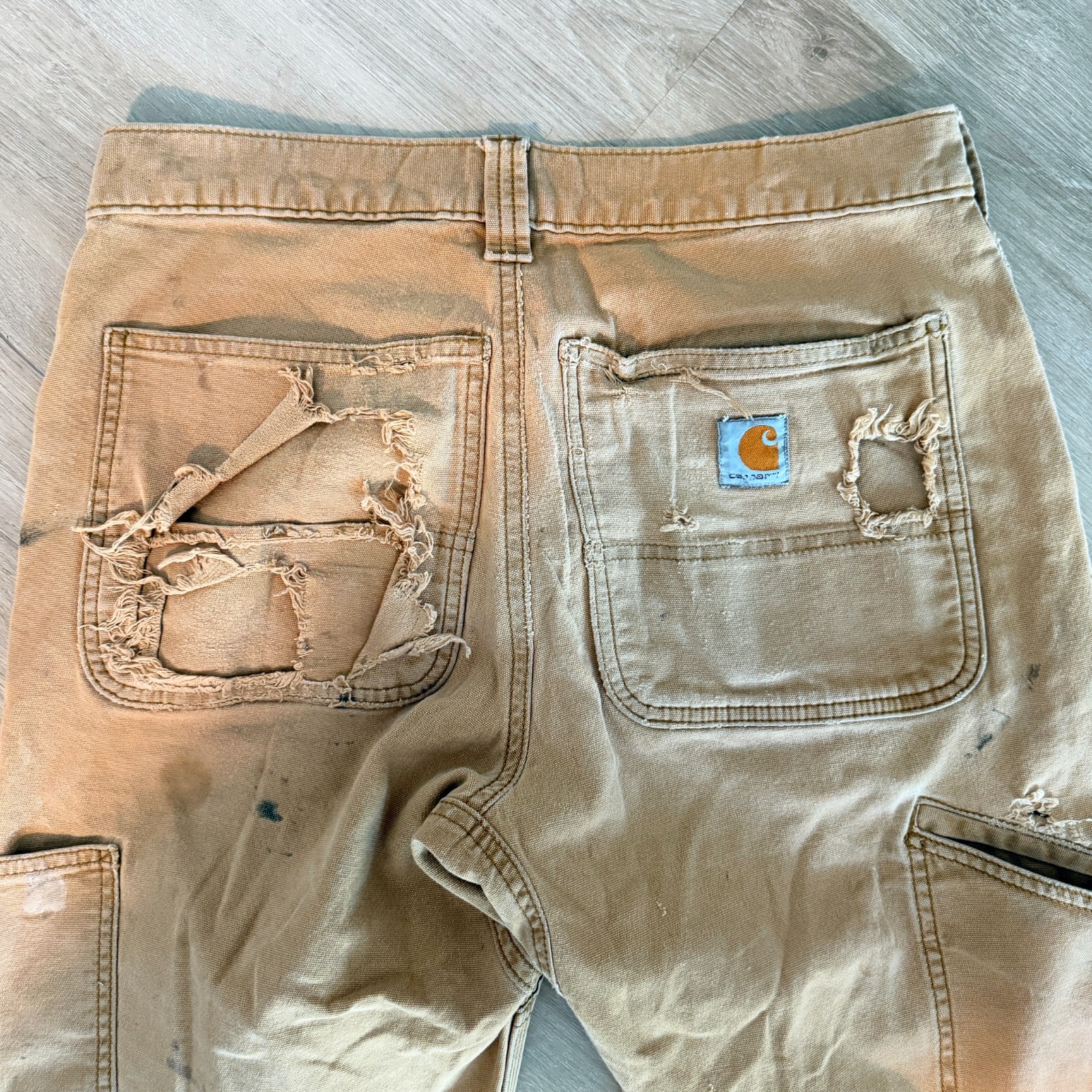 Carhartt 102802 Double Front Duck Utility Work Pants Mens 31×34 Brown Distressed