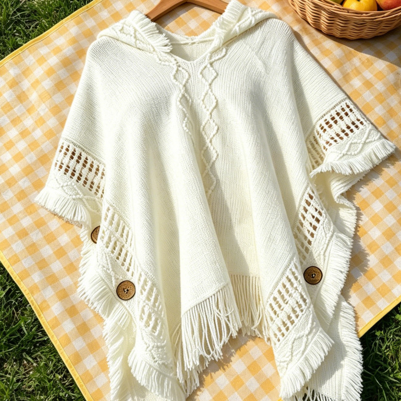 Off White Hooded Fringe Poncho Wrap for Travel Party Casual Use