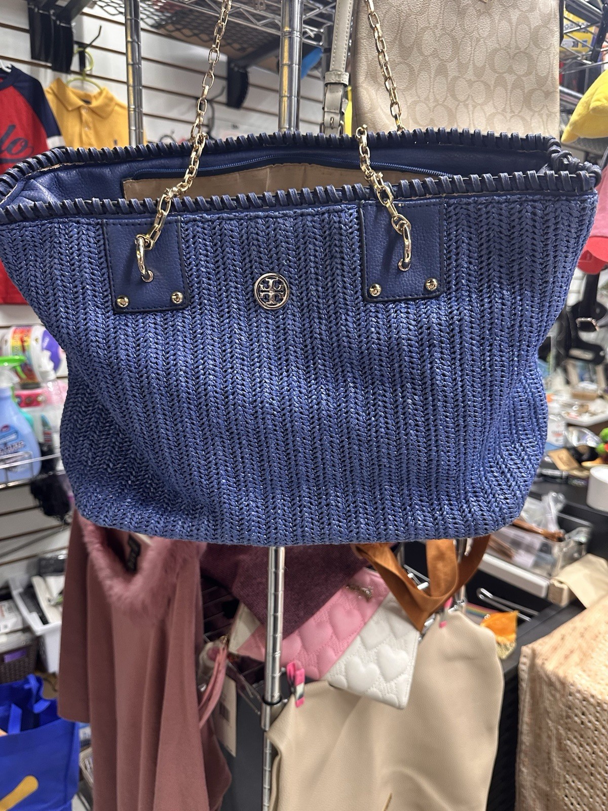 Tory Burch Vintage Woven Basket Bag Large Tote Chain Shoulder Used From Japan