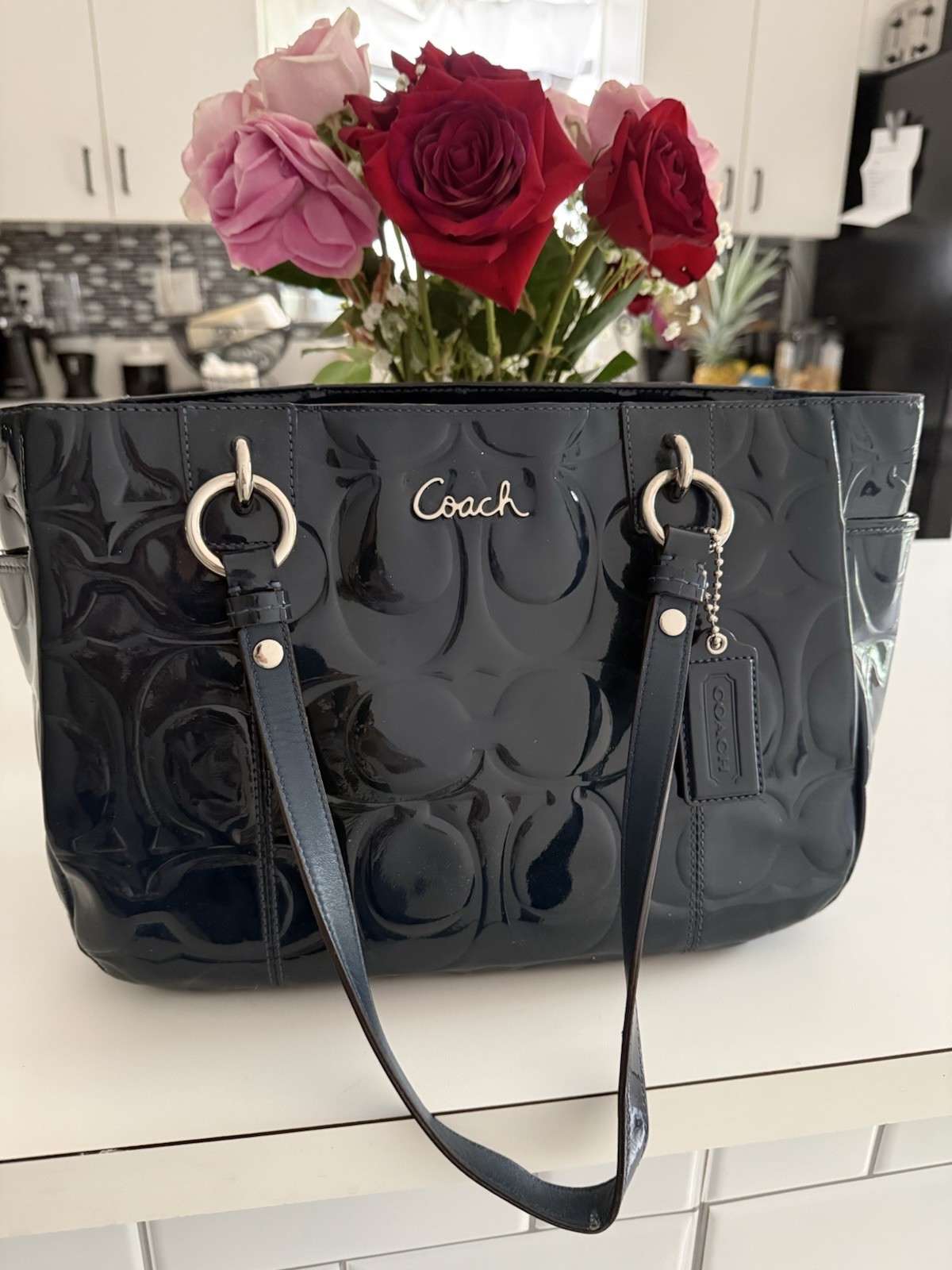 Coach dark blue Signature Logo Shoulder Bag Zip Closure Silver Hardware