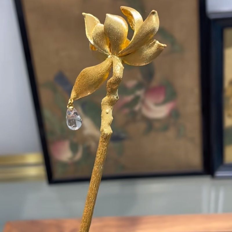 Lotus Hairpin Crystal Drop Chinese Style Gold Hair Stick Hanfu Qipao Accessory