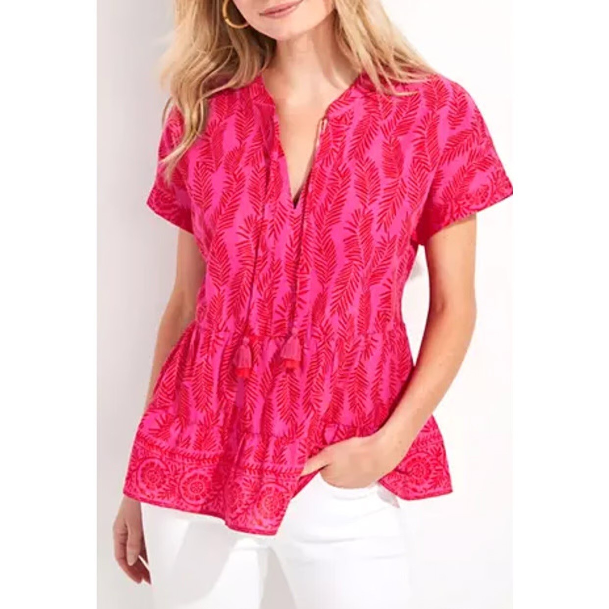 Vineyard Vines Raspberry Pink Rose Tiered Tassel Top Palm Leaf Print S Peplum