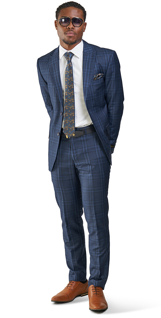 Slim Fit 2 Button Navy Blue Windowpane Plaid Mens Suit Peak Lapel 35071 AZARMAN
