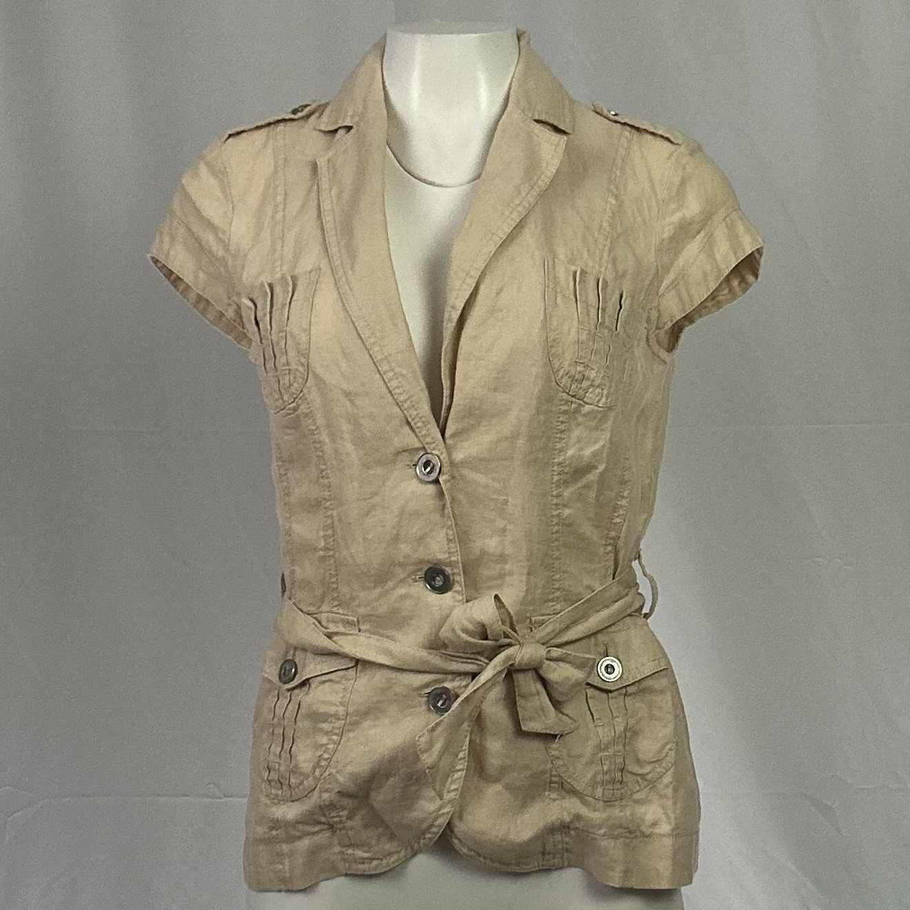 Apanage Vintage Y2K Jacket Top Safari 100% Linen Belted Khaki Short Sleeve US 4