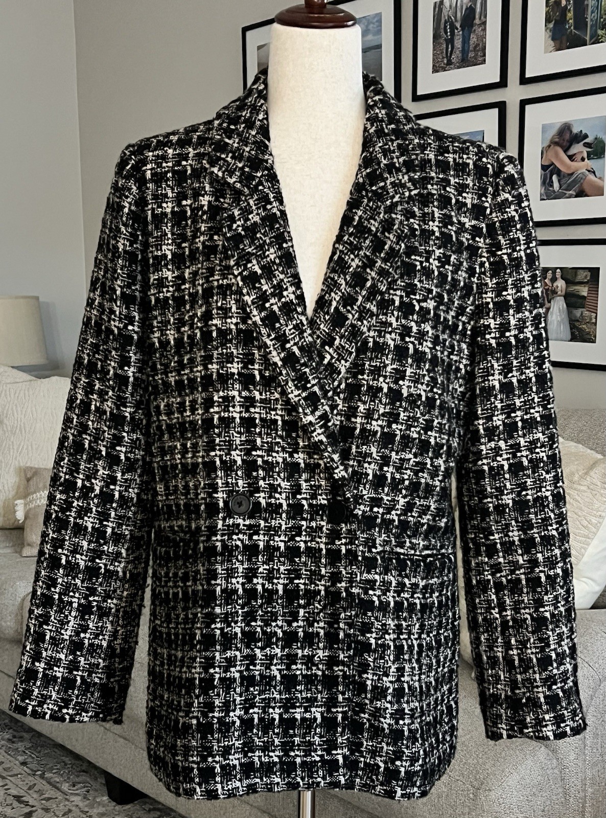 Anine Bing Madeleine Tweed Blazer Lined Double Breasted Jacket Medium
