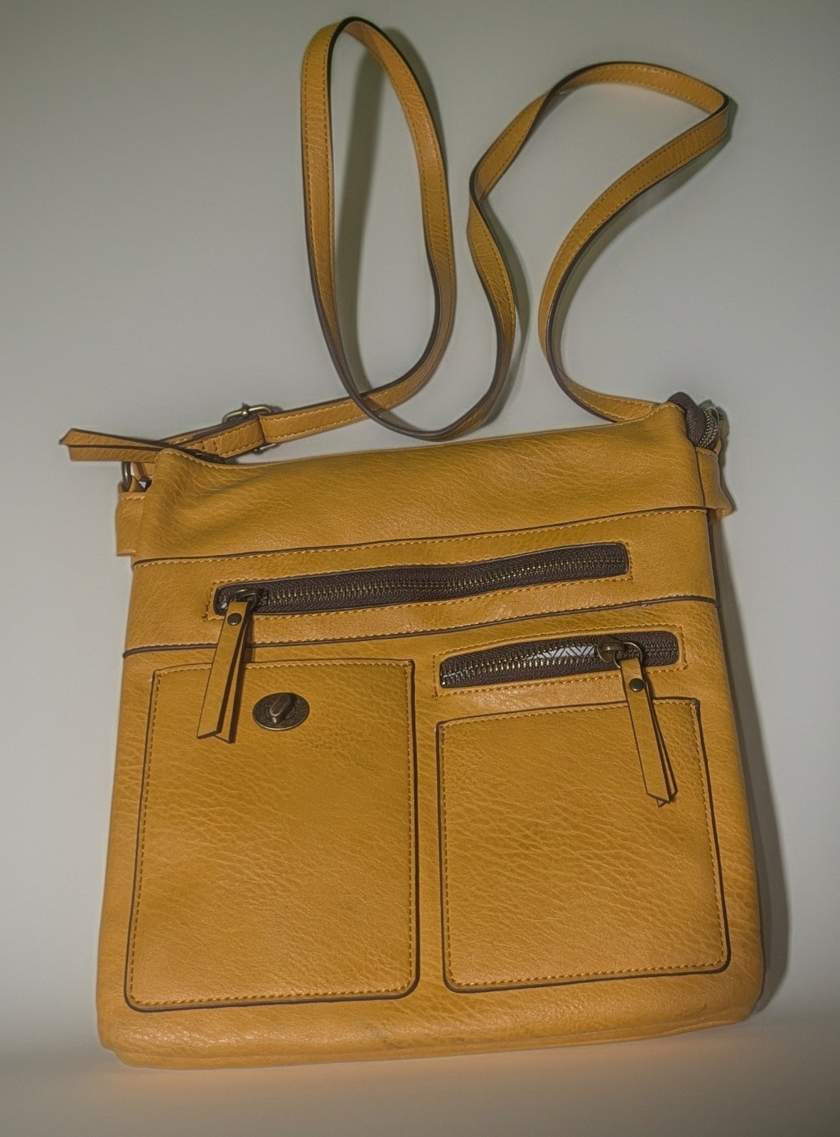 Mustard Faux Leather Crossbody Bag Multi Zip Organizer Adjustable Strap