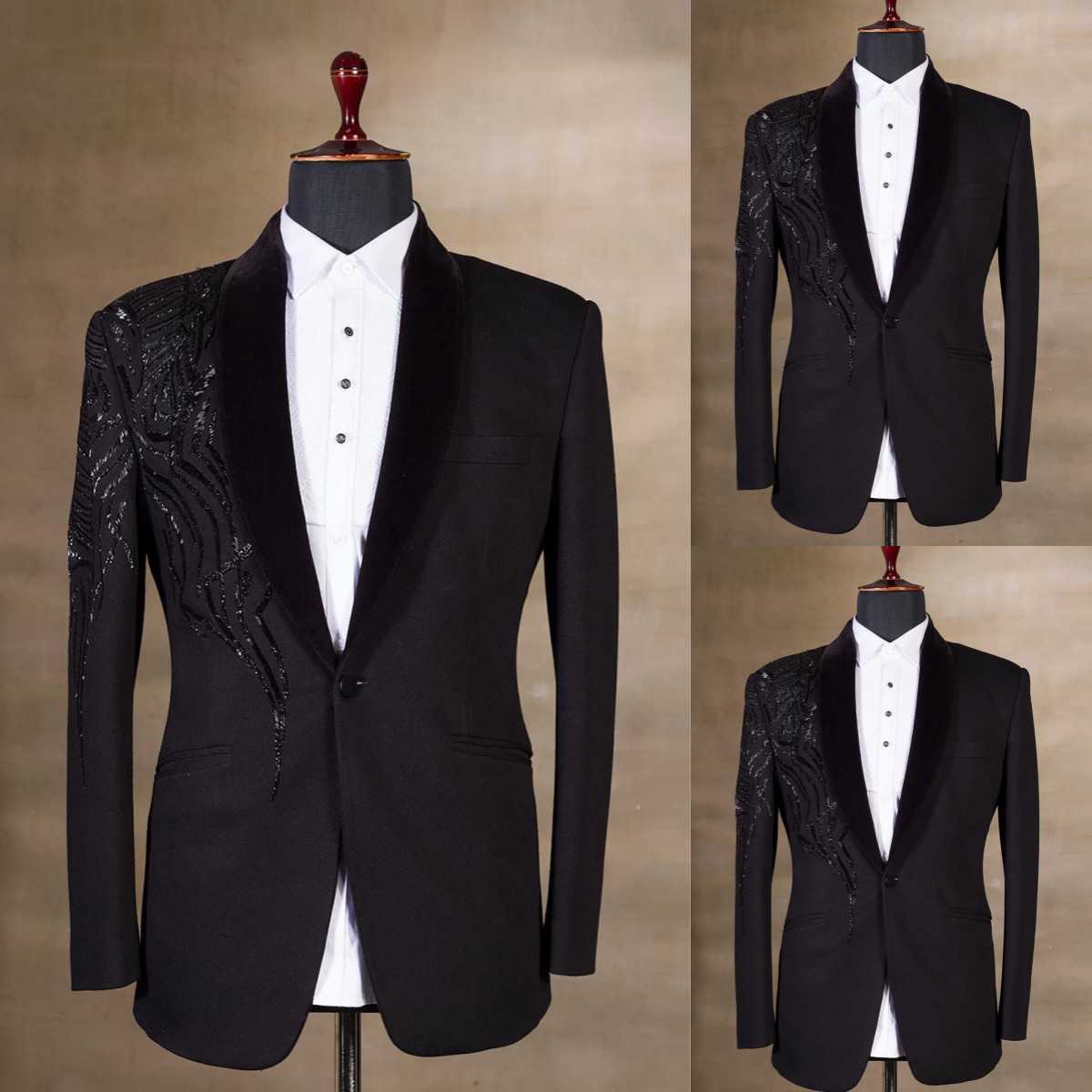 Black Men’s Coat Formal Prom Regular Fit Jacket Sequin Appliques Beading Blazer