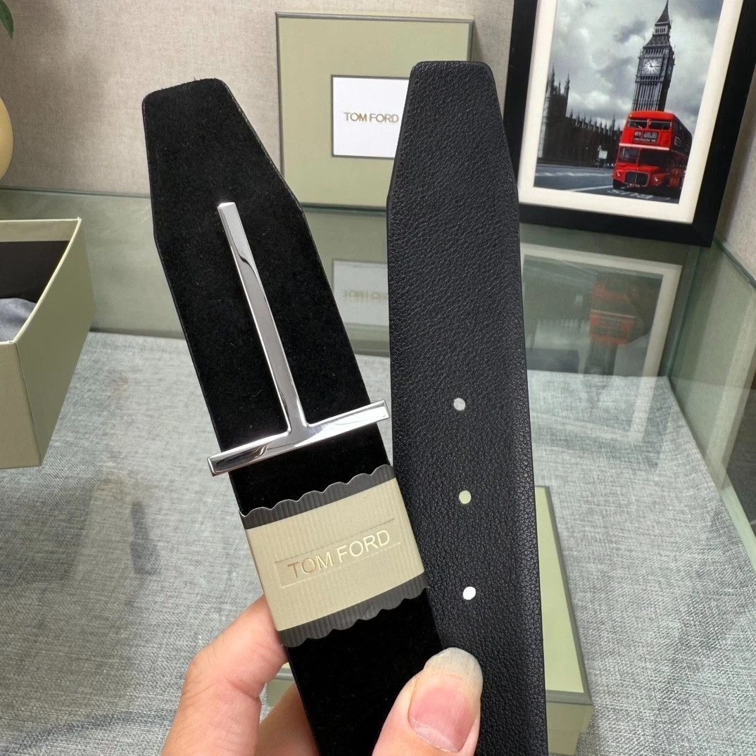 Tom Ford Men’s Black Suede Leather Belt 38mm Silver T Buckle New