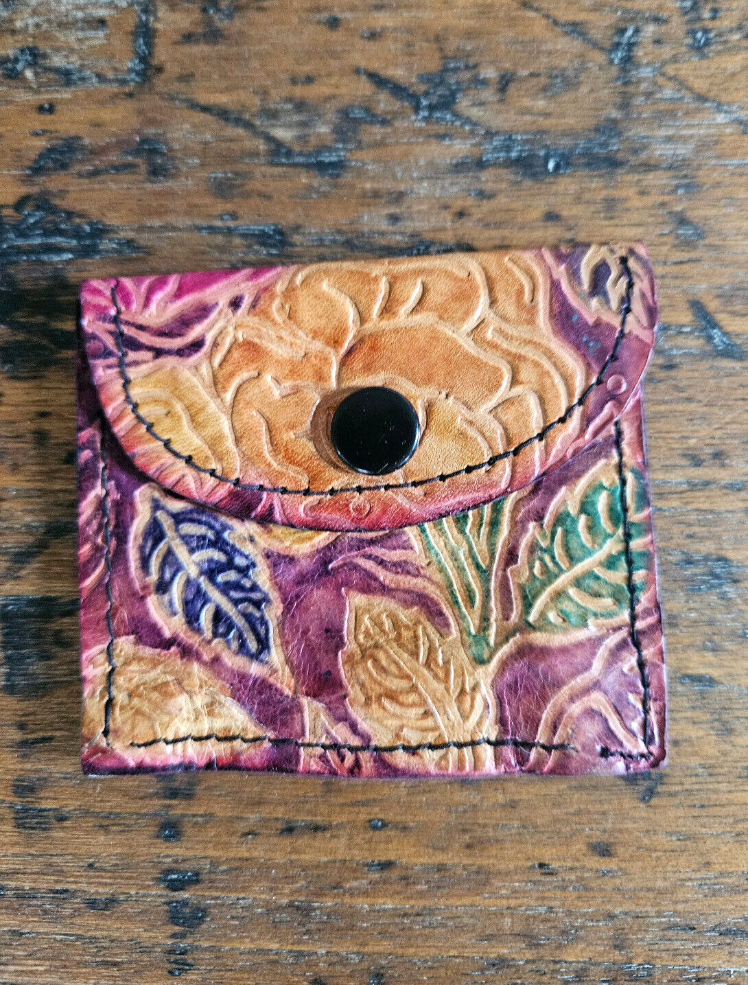Vintage Sheep Skin Leather Coin or Compass Pouch – Etched Indian Floral Design