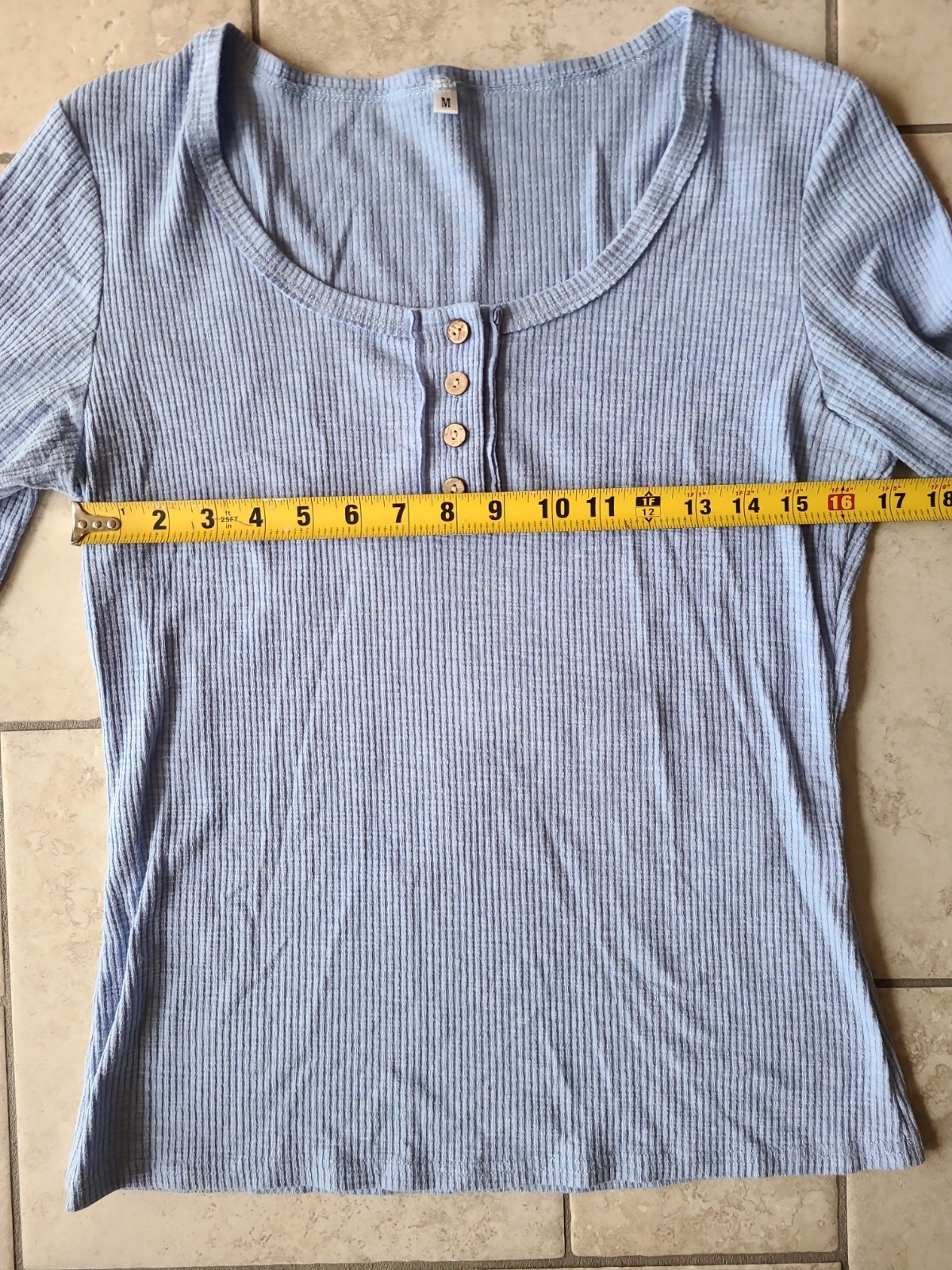 Womens Blue Long Sleeve Top Henley T Shirt Casual Button Ribbed Knit Blouse Sz M