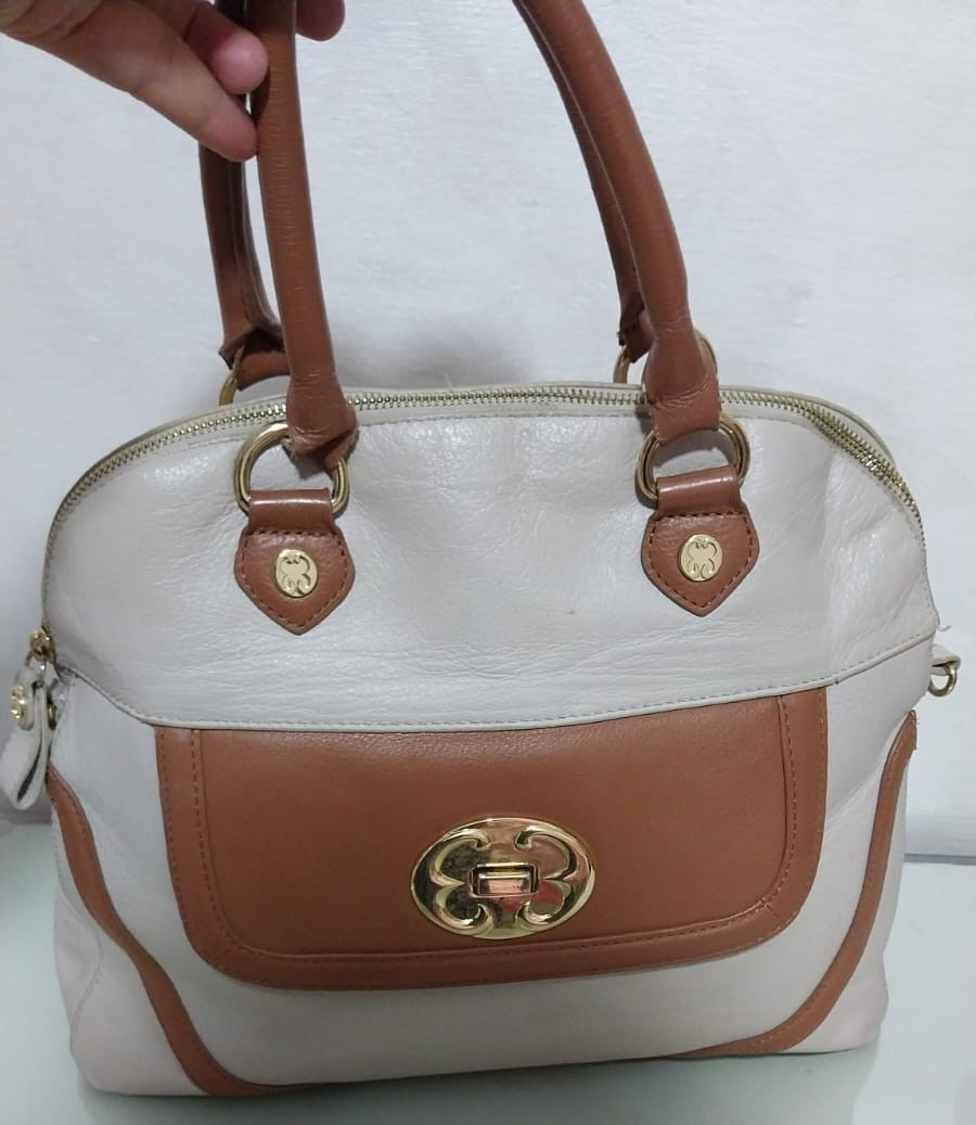Authentic Emma Fox Leather Satchel Handbag – Cream & Tan