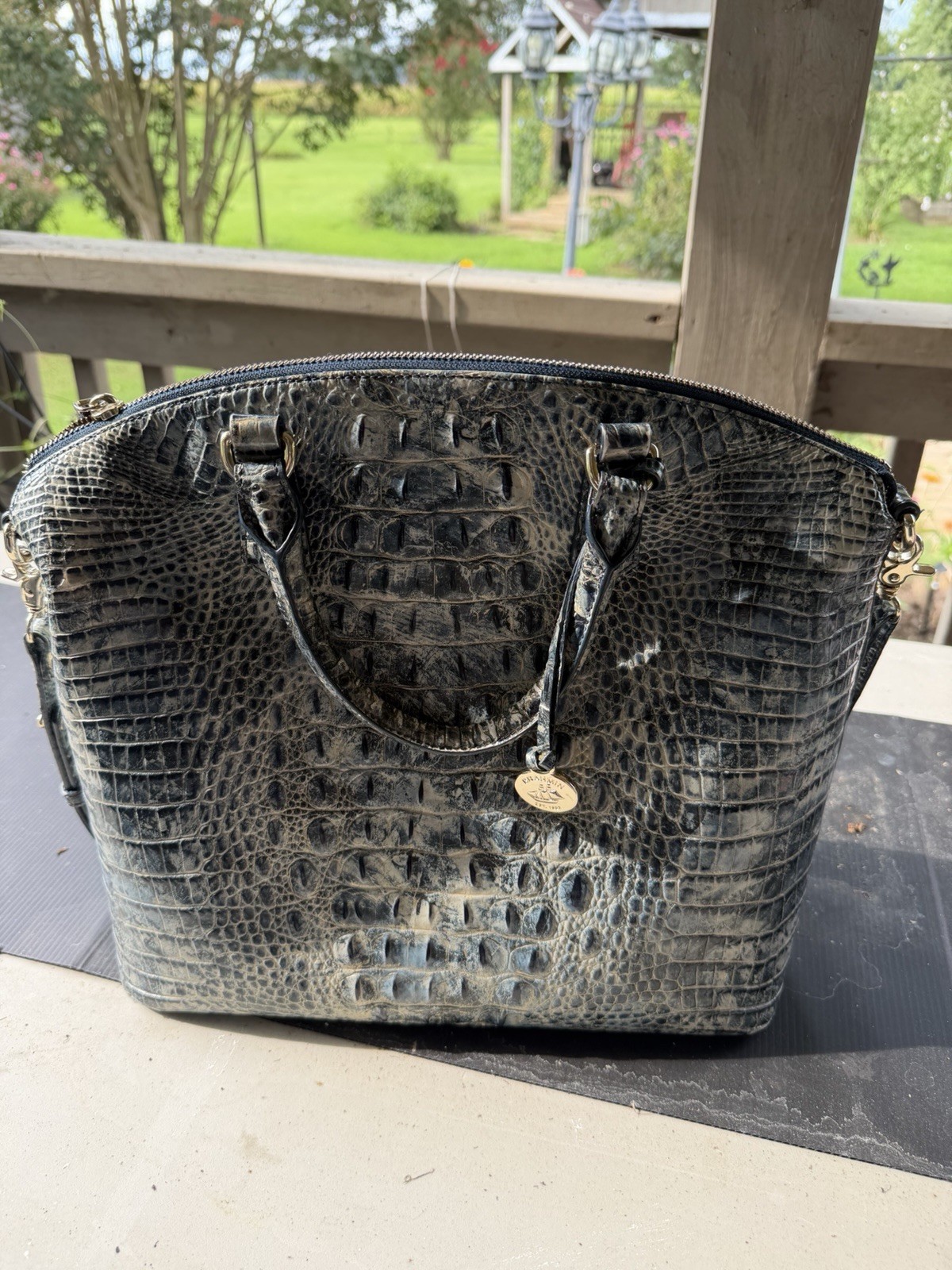 Brahmin Blue Gray Croc Embossed Large Satchel Zip Top Bag w/ Detachable Strap