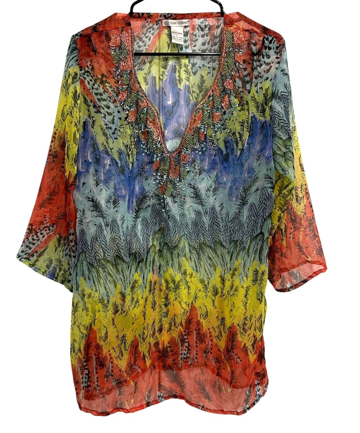 Cute Options Bohemian Multicolor Sheer Tunic Top Sz Large Embellished Beaded