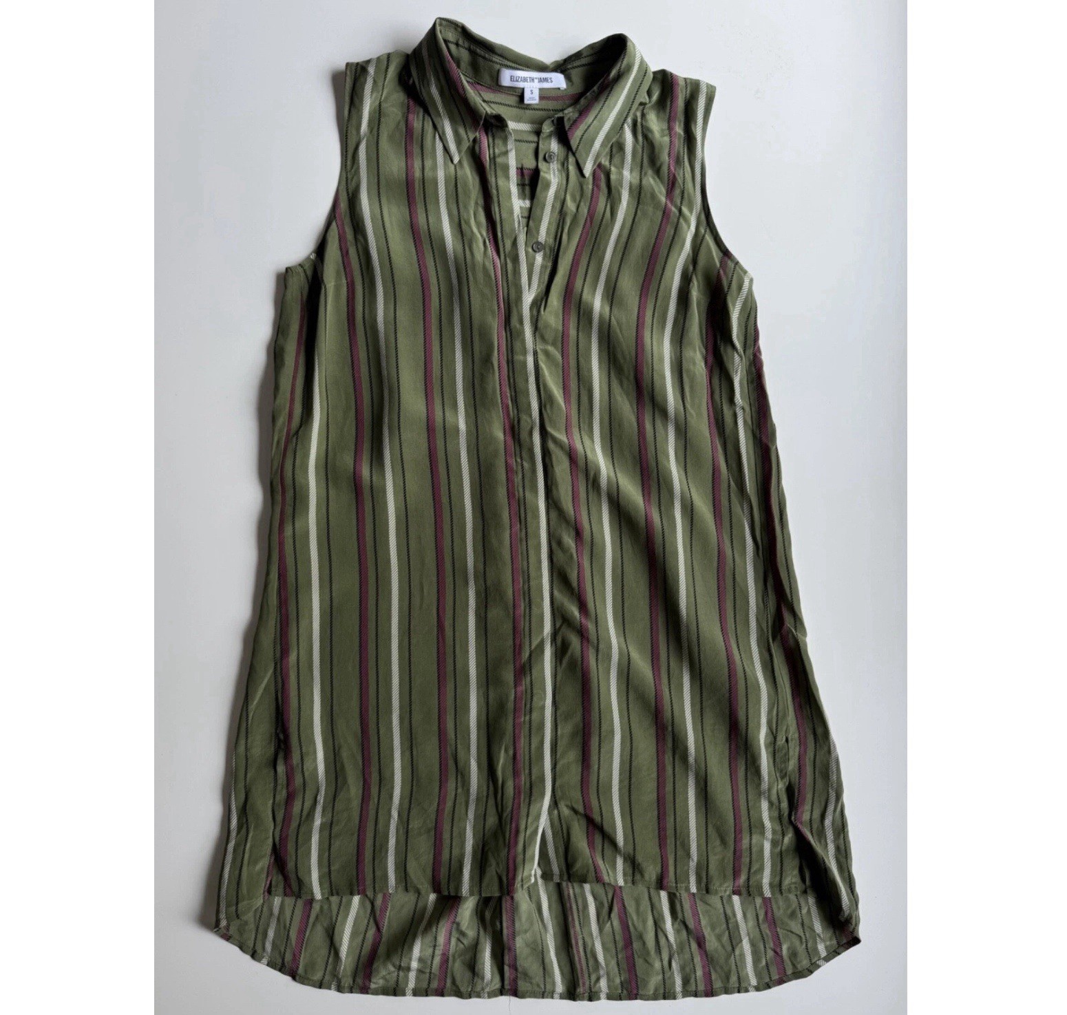 ELIZABETH AND JAMES Tunic Silk Shirt Dress Womens Green Stripe Sleeveless Collar