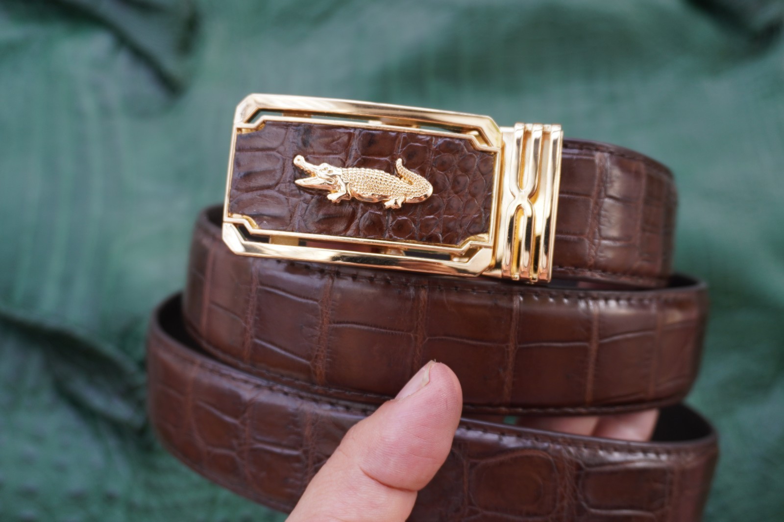 W1.3 inch Brown Genuine Crocodile Belly Leather Skin Men’s Belt Buckle #D32
