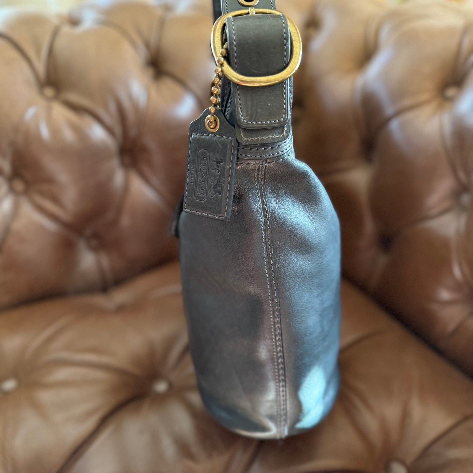 Coach Bleecker Leather Bucket Duffle Bag F0793-11422 Navy Tattersall Lined