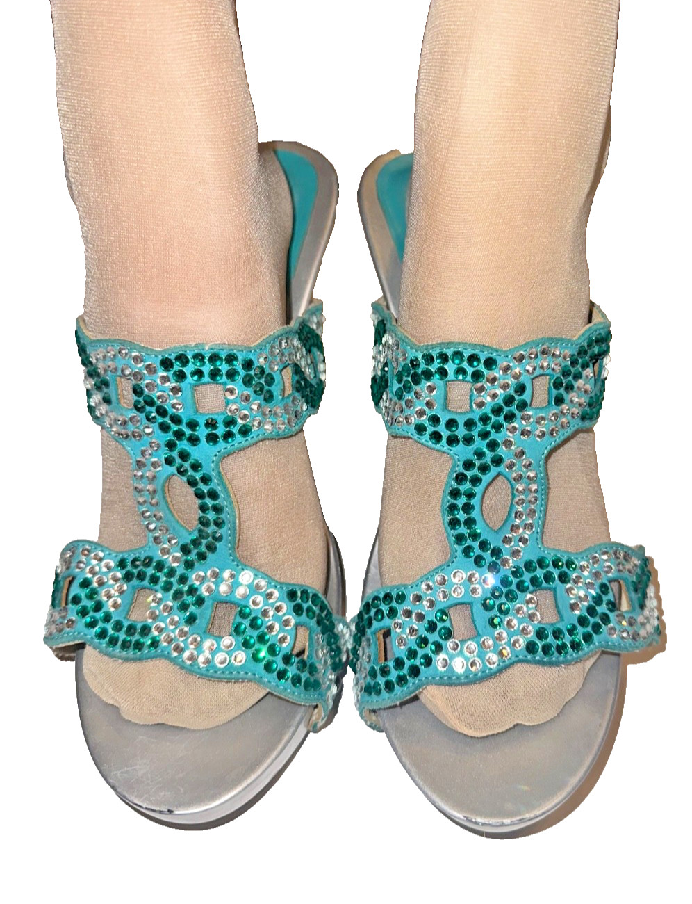 Baldinini Trend Leather Turquoise Silver Rhinestone Embellishment Clogs SZ 41