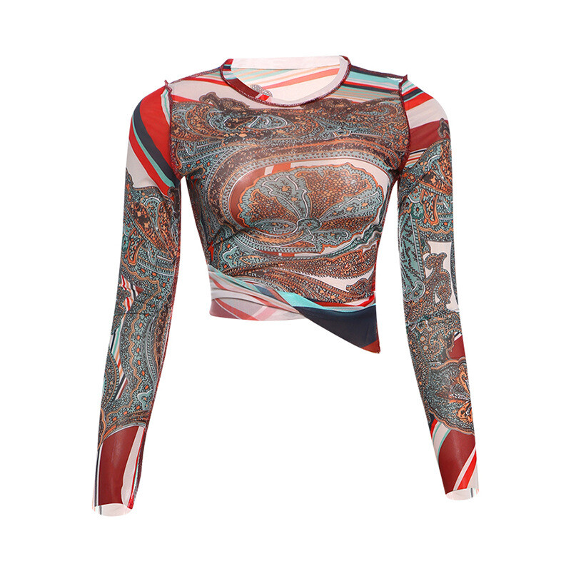 Woman Long Sleeve Mesh Crop T-shirt Colorfull Printed O Neck Casual T-shirt