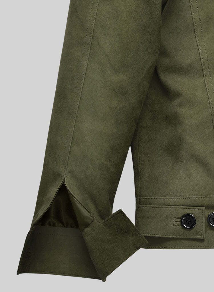 Men’s Olive Green Trucker 100% Real Suede Leather Button Coat Denim Style Jacket