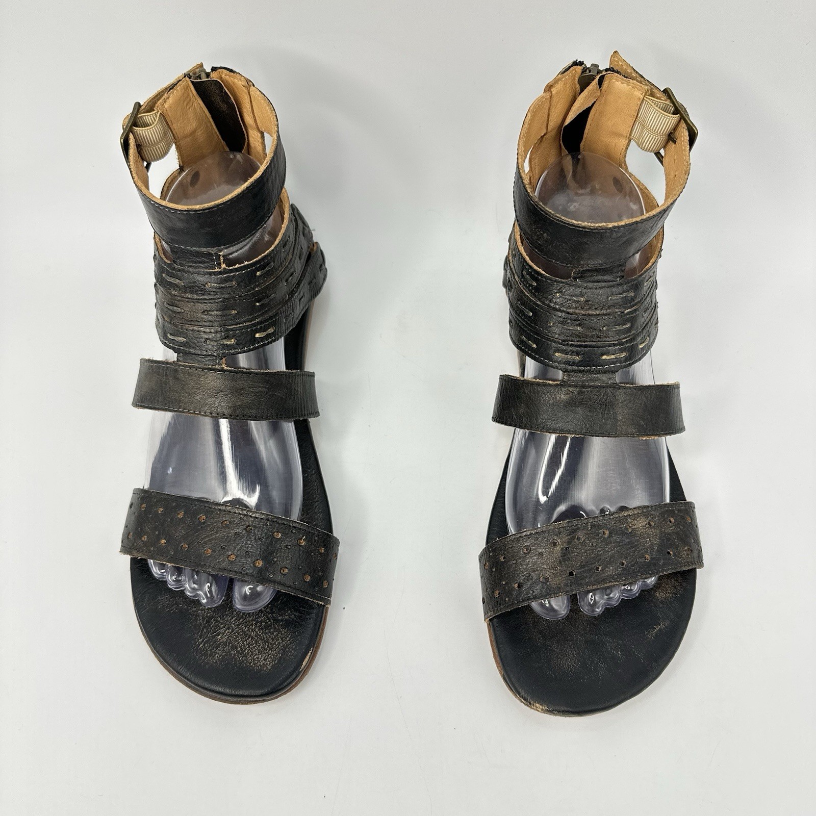 BED STU-Artemis Gladiator Sandals Black Hand Wash Leather Zip Women Size 9.5