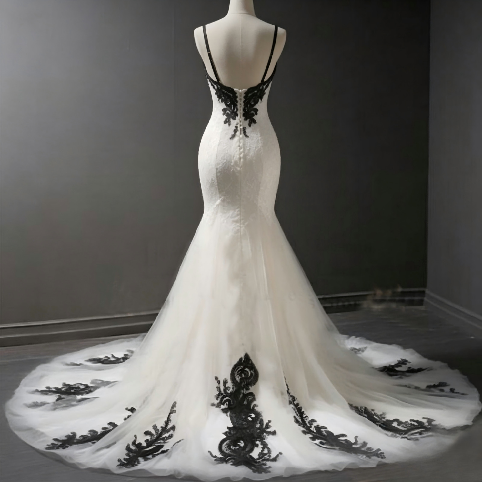 Mermaid Bridal Gown Spaghetti Strap Black Lace Wedding Dresses With Long Train