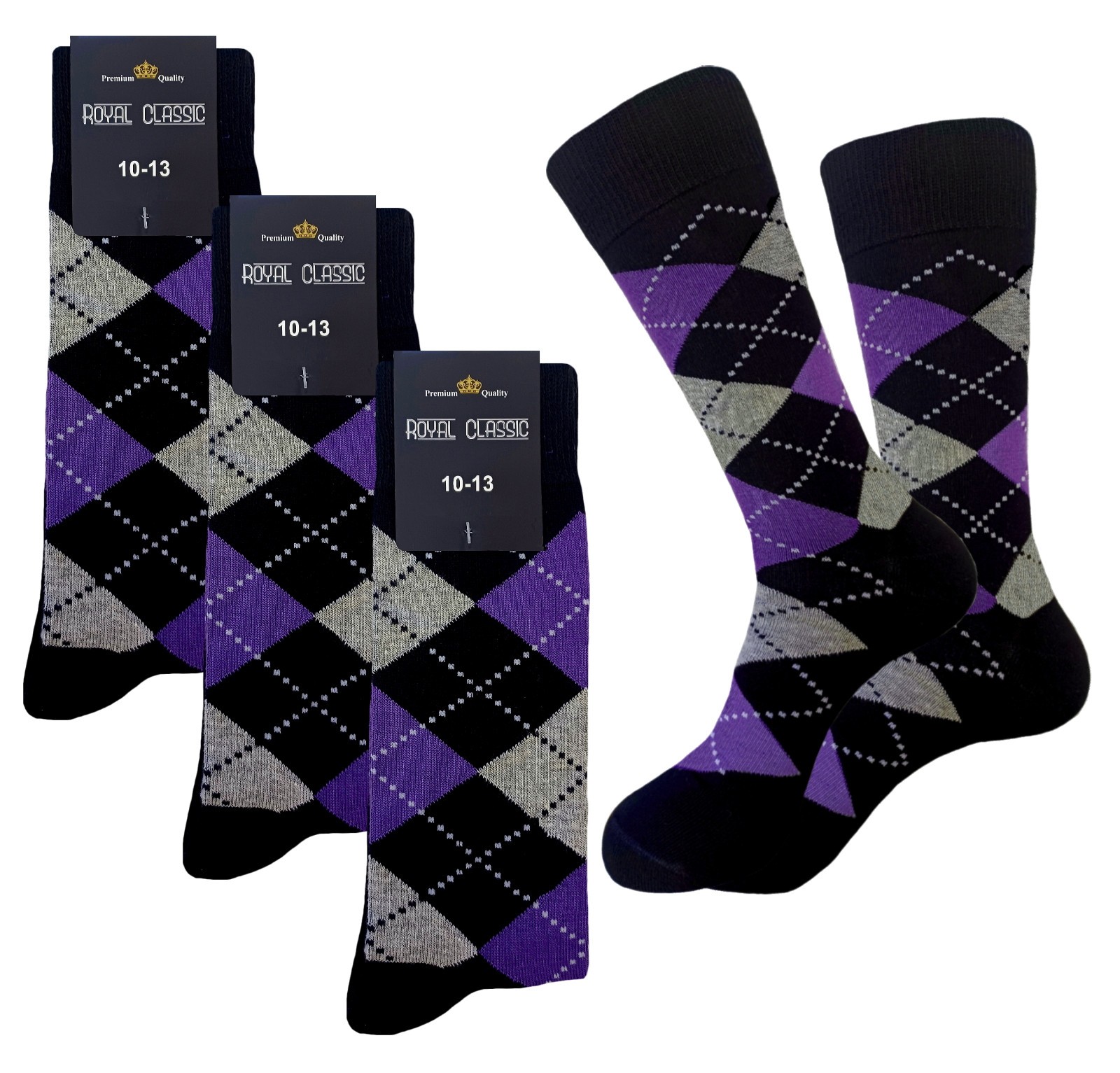 1-3-6-12 PAIR DRESS SOCKS BLACK PURPLE BLACK DIAMOND ARGYLE COTTON SOCKS 10-13