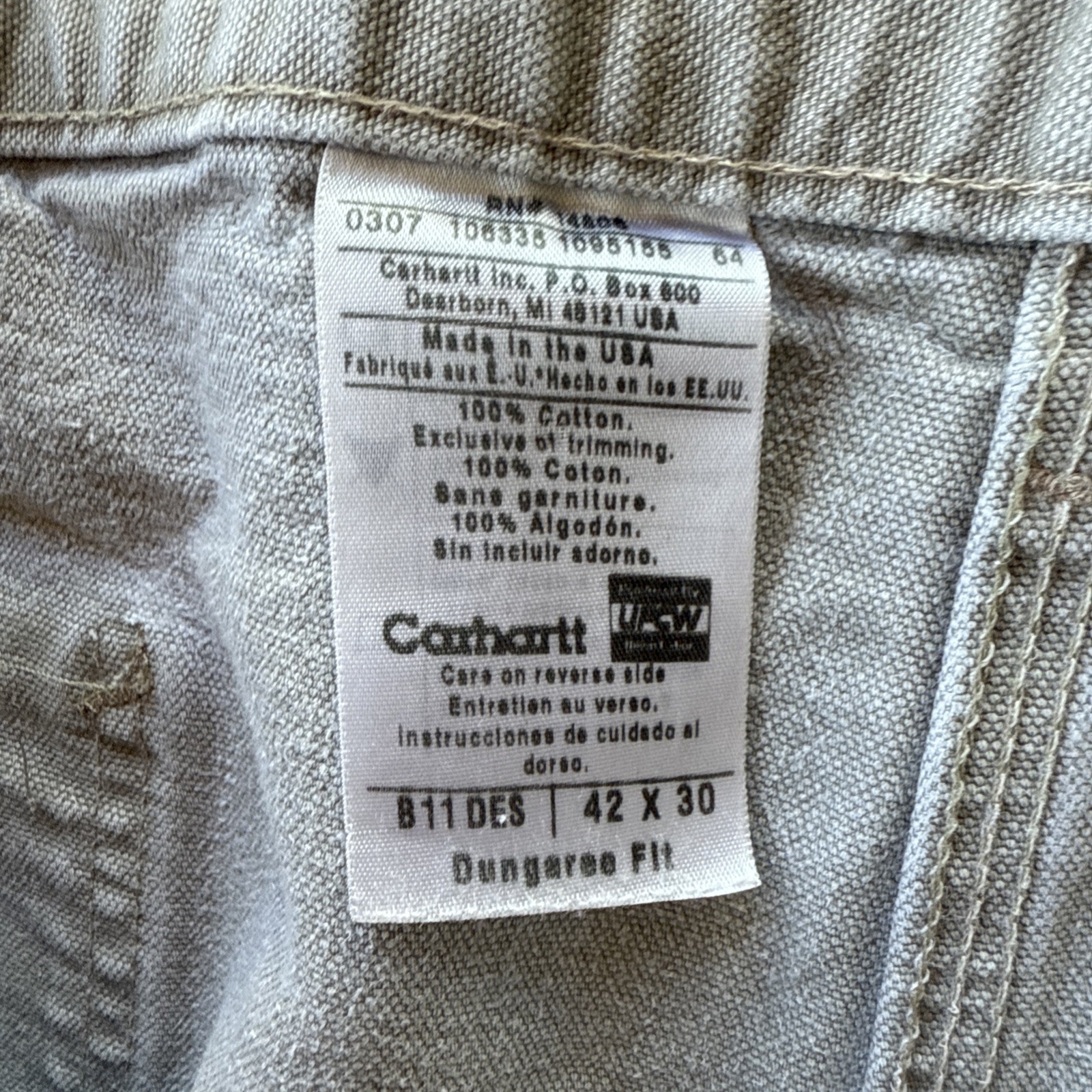 Carhartt MENS 42×29 B11 DES ‘Desert’ Canvas Dungaree Carpenter Work Pants USA
