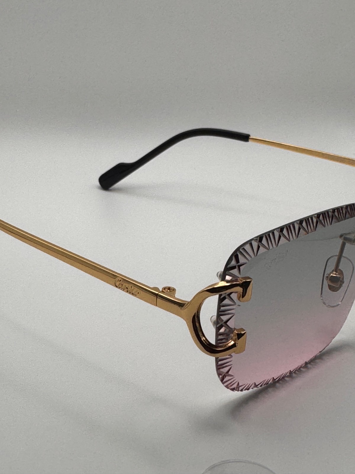 Cartier Big C Diamond Cut Frameless Pink/Green Lens Gold Frame