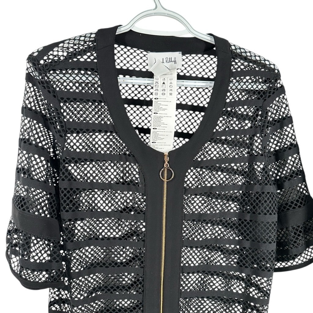 Joseph Ribkoff Mesh jacket short sleeve zip detail gold zip up elegant sz 10 NWT