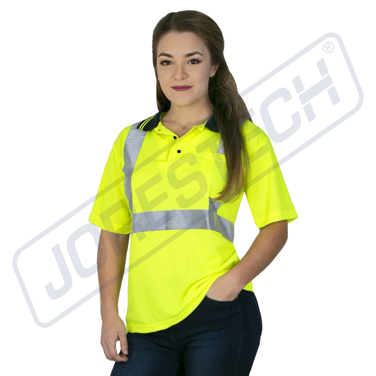 5 Pack Hi-Vis Lime Safety Workwear Short Sleeve Polo Shirt Top Reflective Tape