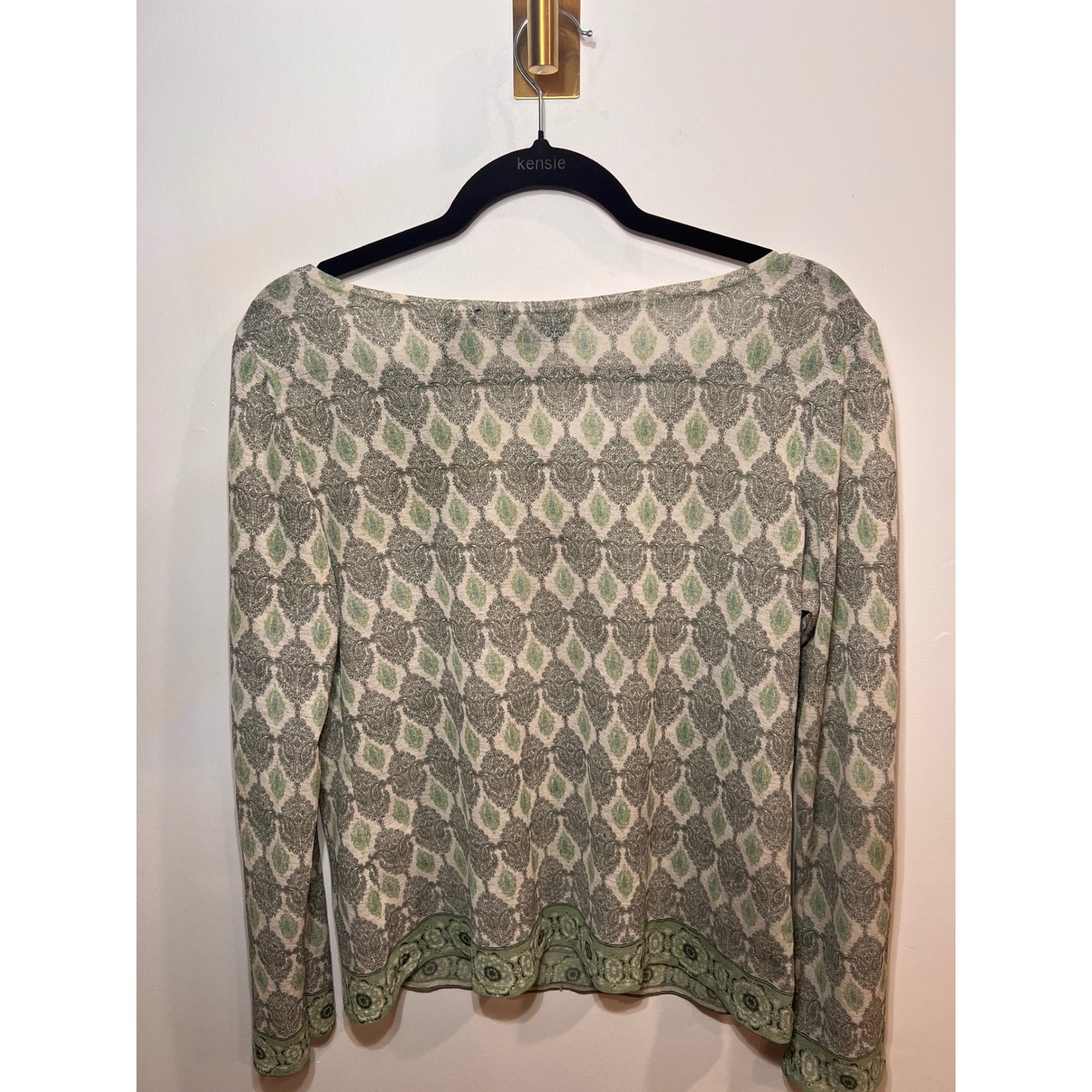 Vintage Y2K Boho Peasant Damask Green Long Sleeve Beaded Tassle Top- Large