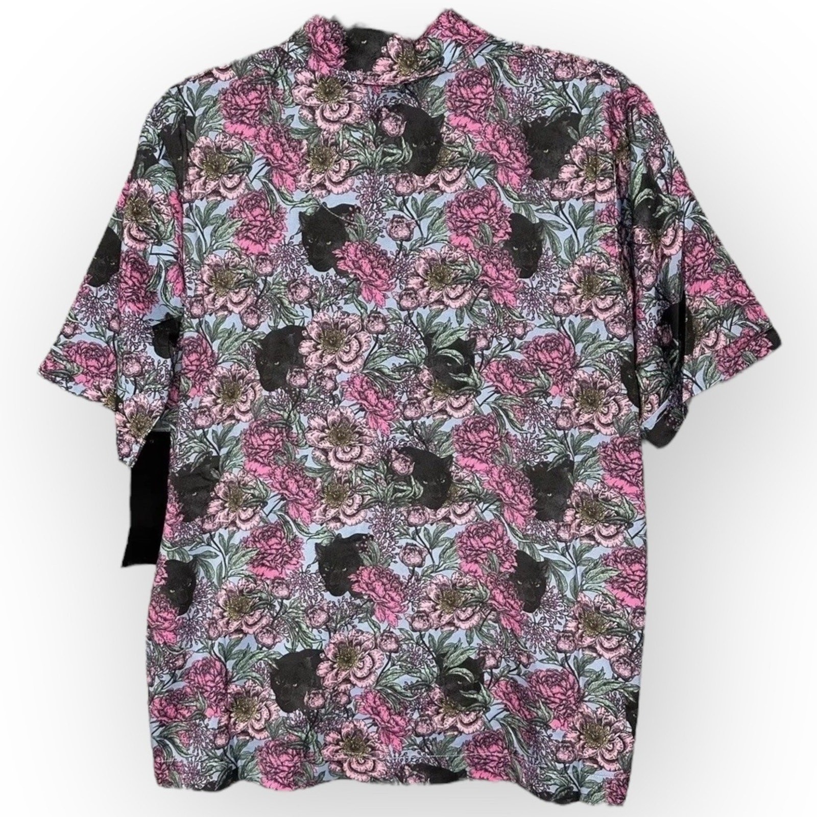 NWT Evryday Jane Black Panther Floral Print Faux Silk Button-Up Shirt XS