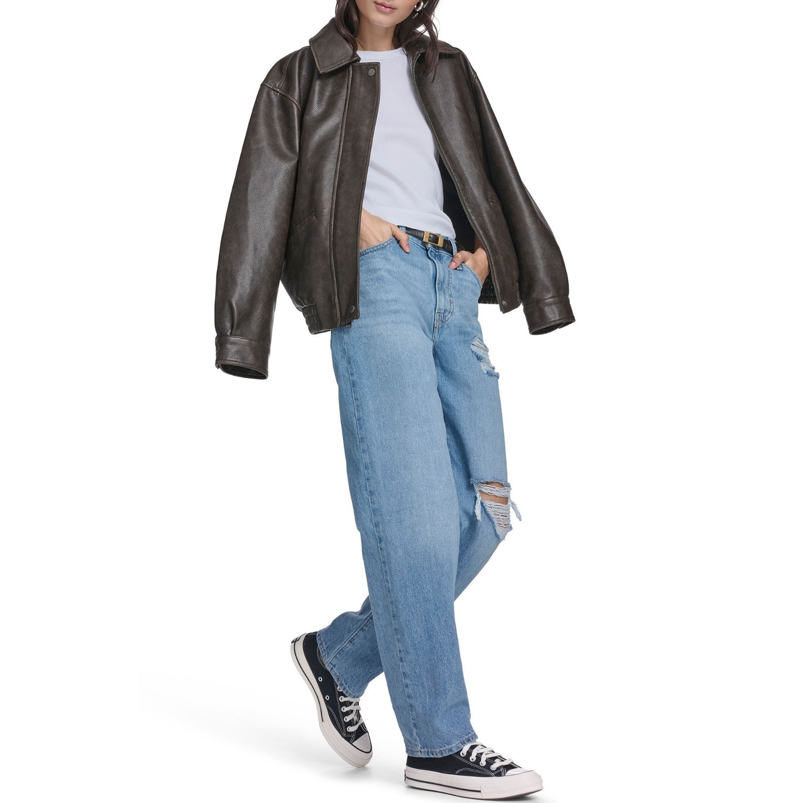 Women Real Leather Jacket Brown Distressed Oversized Bomber Zip Coat