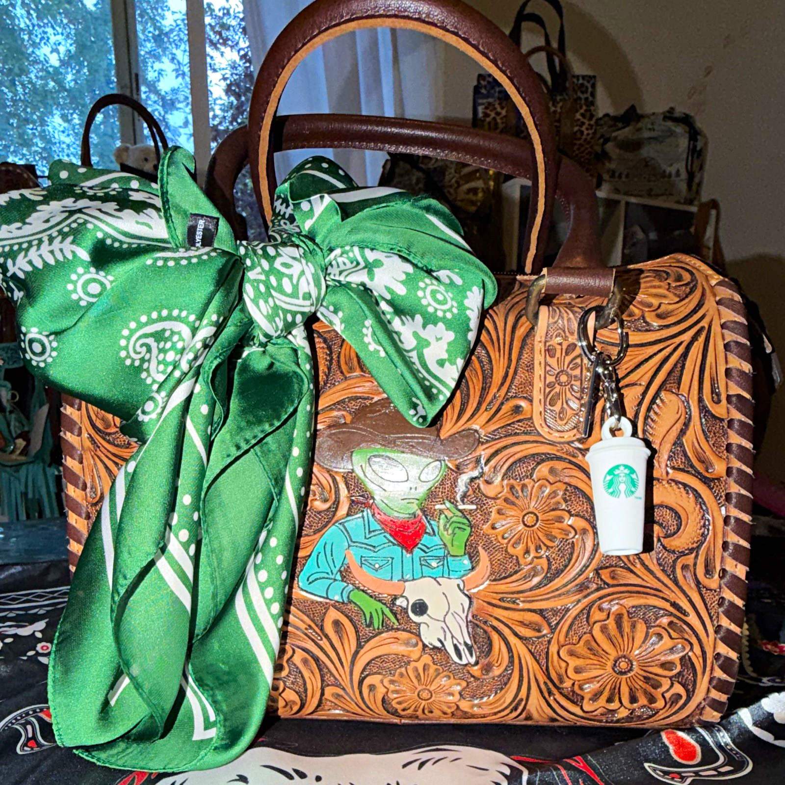 Handmade Tooled Floral Western Satchel Top Handle Zip Bag Brown Alien Charm