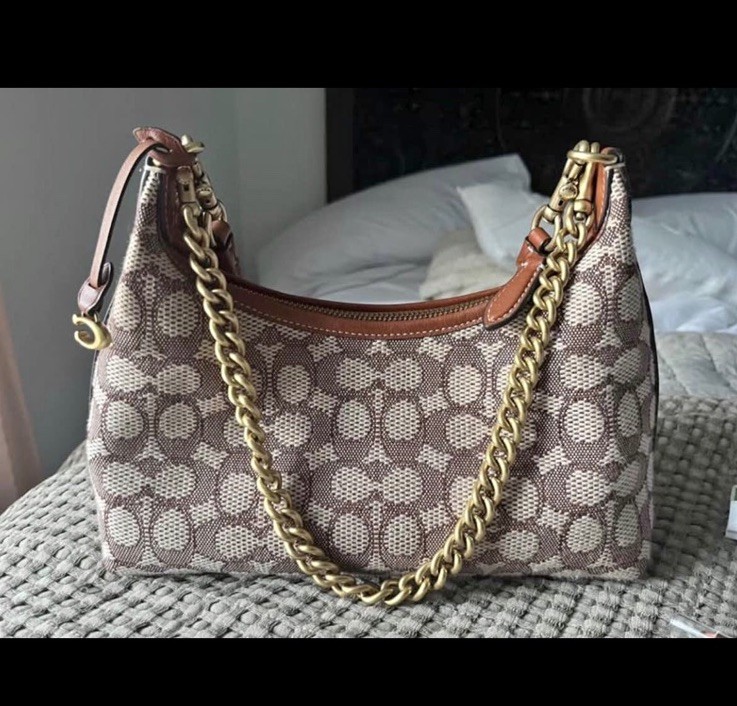 Coach Juliet 25 Brown Logo Pattern Shoulder Bag Gold Chain Detachable Strap