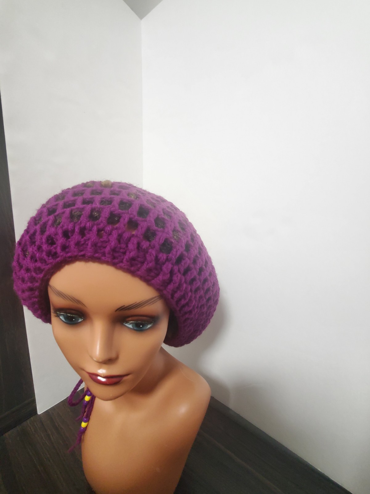 Crochet Flower Tam Slouch Hat With Drawstring Handmade One Size Dreadlock Beanie
