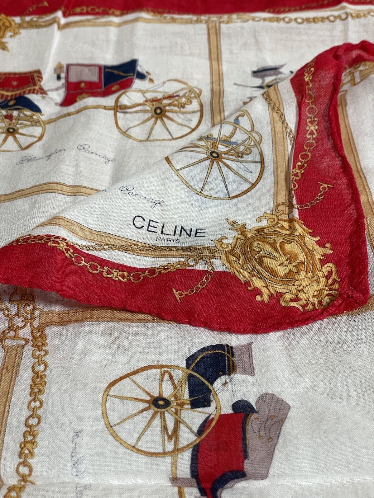CELINE Paris Luxury Horse Carriage Red Gold Chain Rolled Hem Vintage 18” Rare