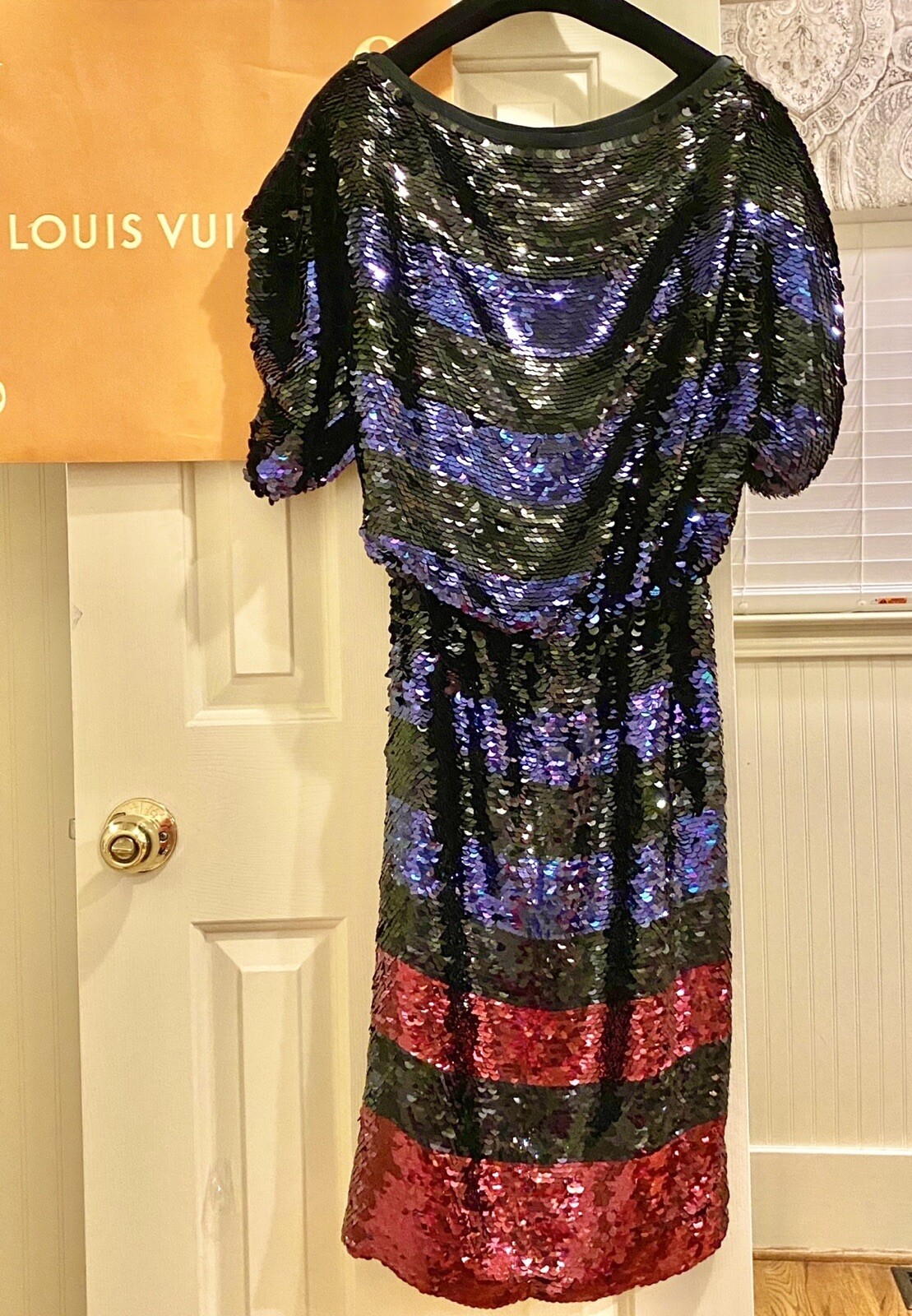 11K Louis Vuitton Red Sequin Stripe Party Dress Feather Belt Set 36 38 4 6 S M