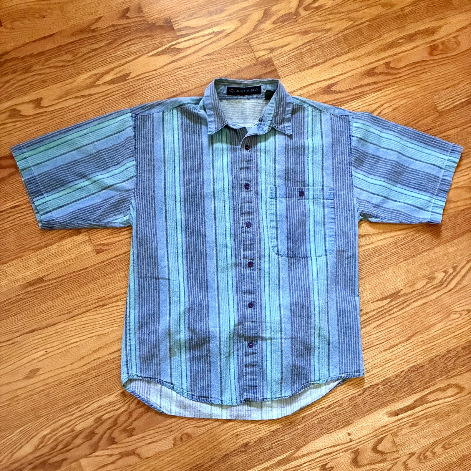 VINTAGE 90s Santana Blue Striped Short-Sleeve Button-Up Shirt Size Large