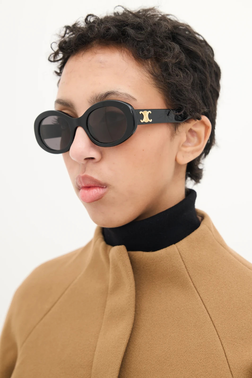 Celine Triomphe CL40194U 01A Black Oval Sunglasses Gold Logo
