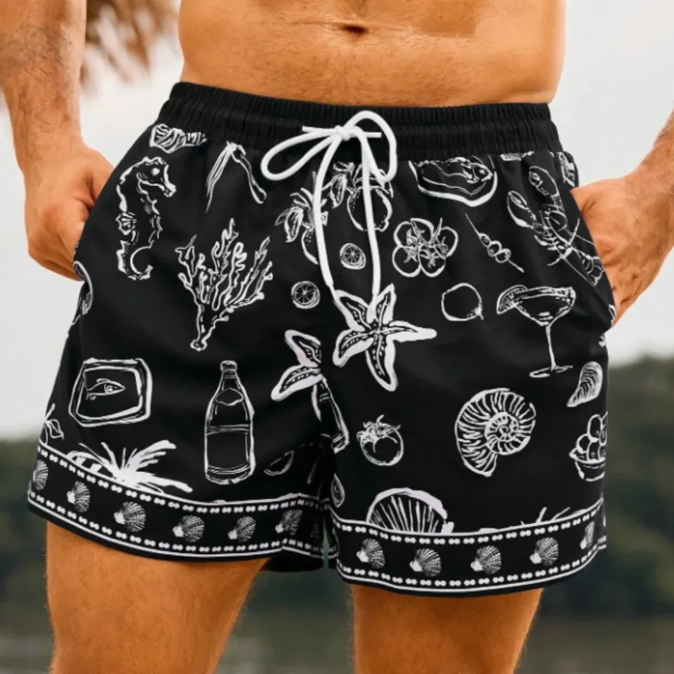 Black Seafood Sketch Print Hawaiin Shorts