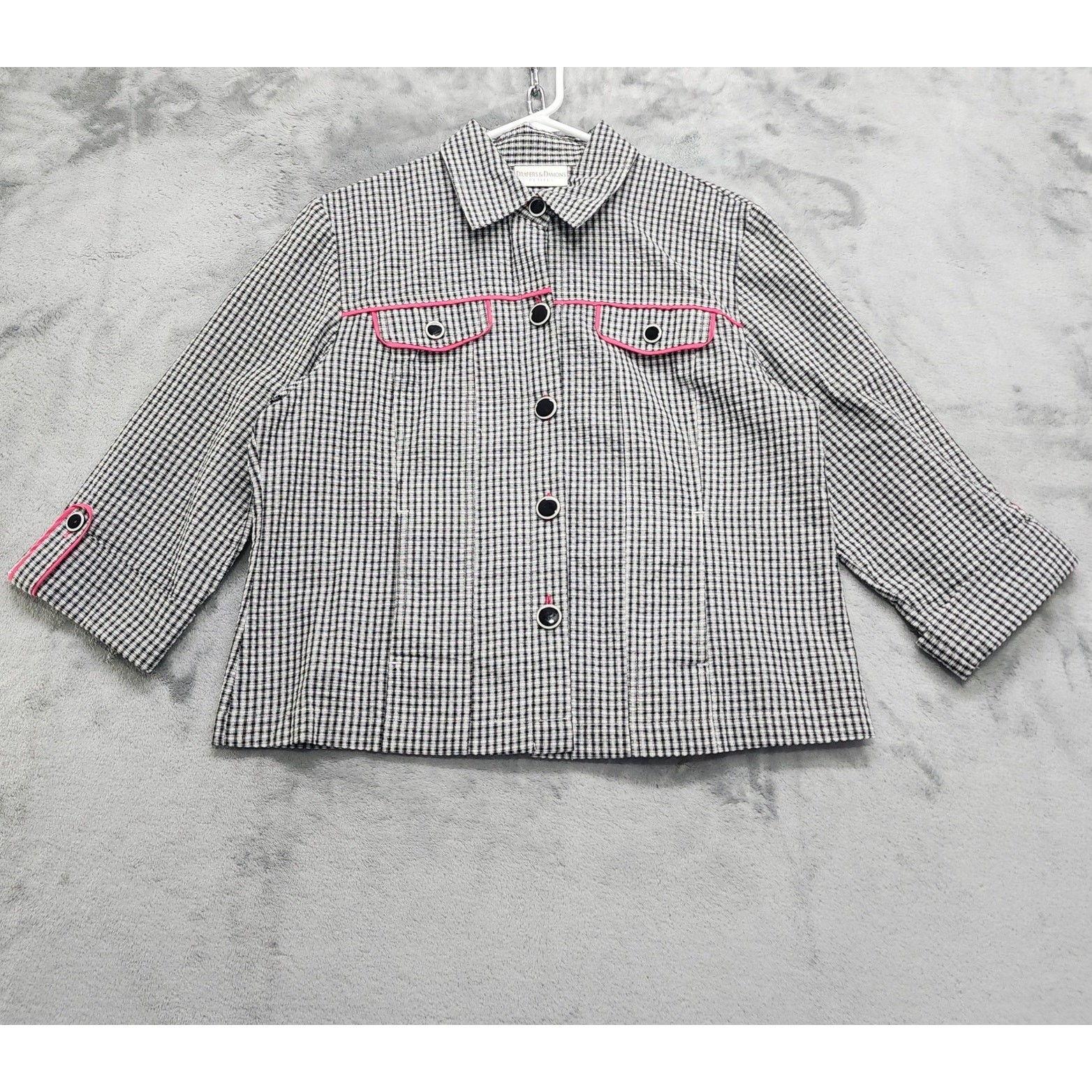 Vintage 90s Draper’s & Damon’s Jacket Womens PL PETITE Black Pink Gingham Cotton