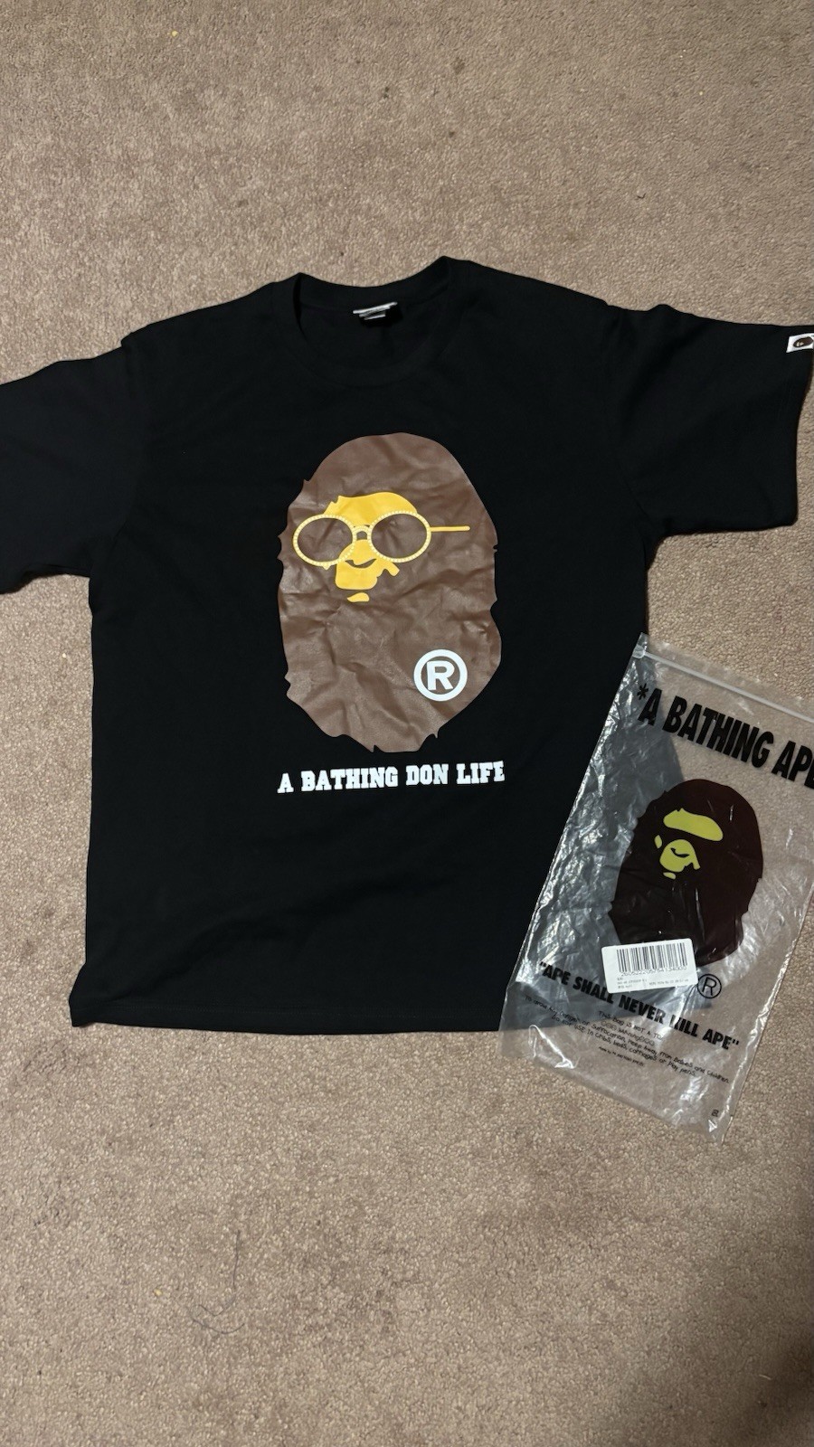 A Bathing Ape Men’s Black Cotton Graphic Logo Crew Neck Short Sleeve T-Shirt M/L