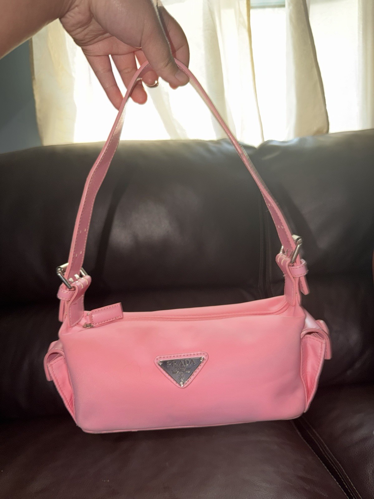 Pink Shoulder Bag Zip w/ Triangle Logo, Silver Hardware, Detachable Strap