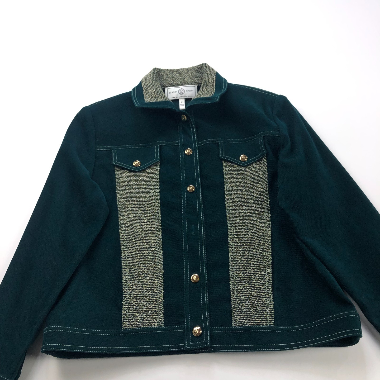 St. John Sport Marie Gray Size P Petite Button Blazer Jacket Dark Green PLS READ
