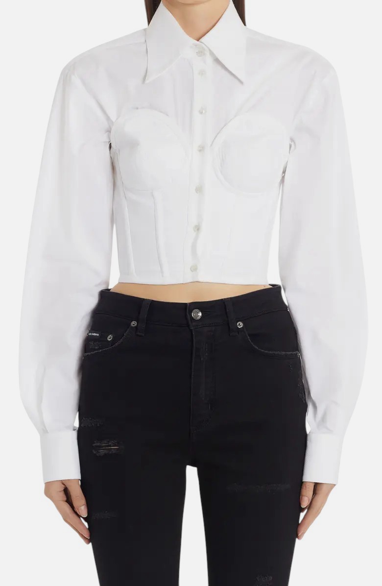 Dolce&Gabbana Women’s White Corset Detail Crop Button-Up Poplin Shirt Size 46
