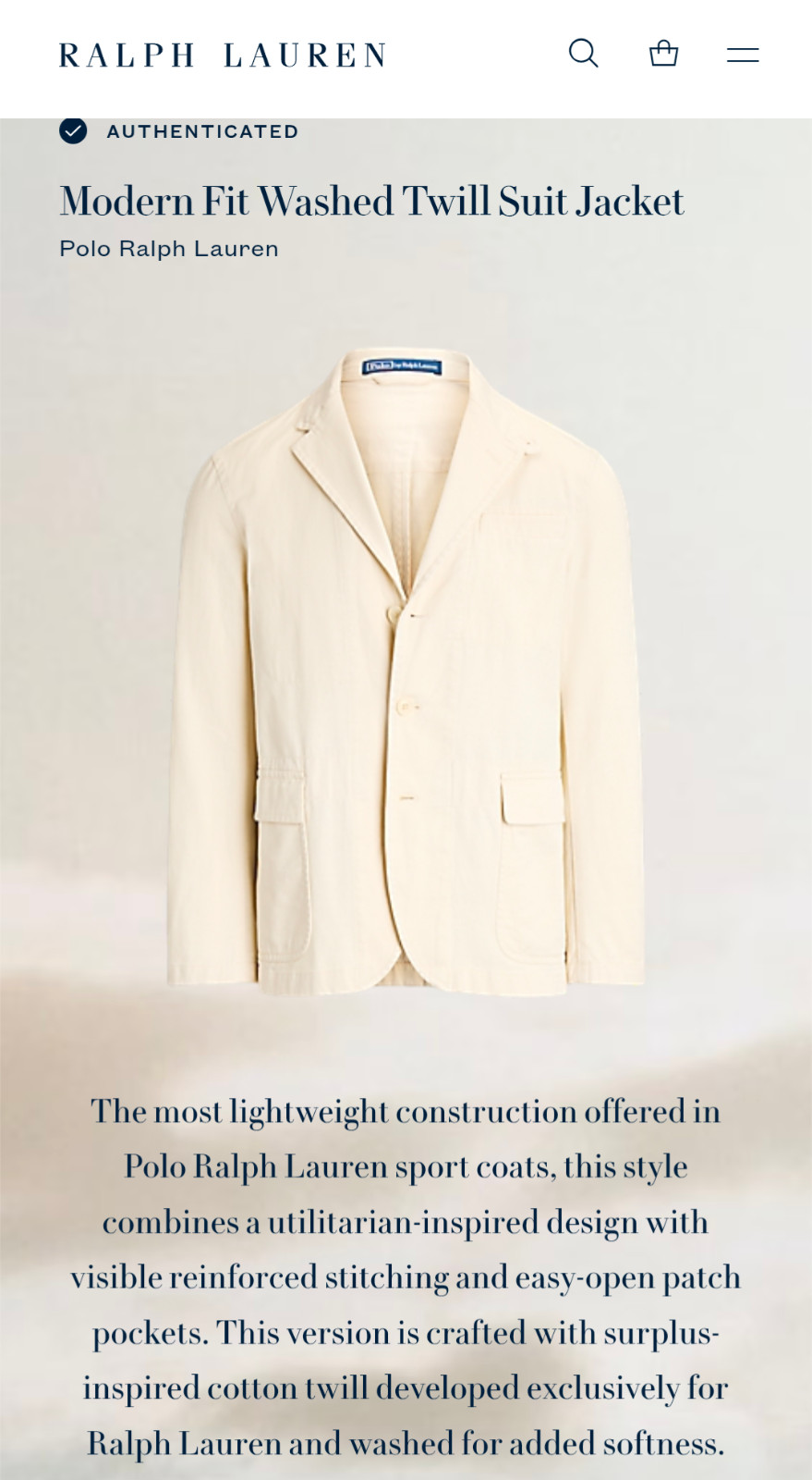POLO RALPH LAUREN Modern Fit Washed Twill Suit Jacket, Off White, Size 38 R NWOT