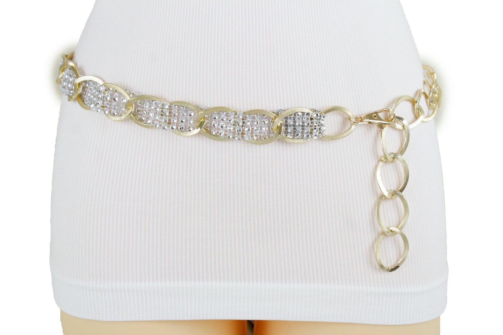 Women Gold Color Metal Chain Fashion Belt Silver Mesh Fabric Bling Beads XS S M