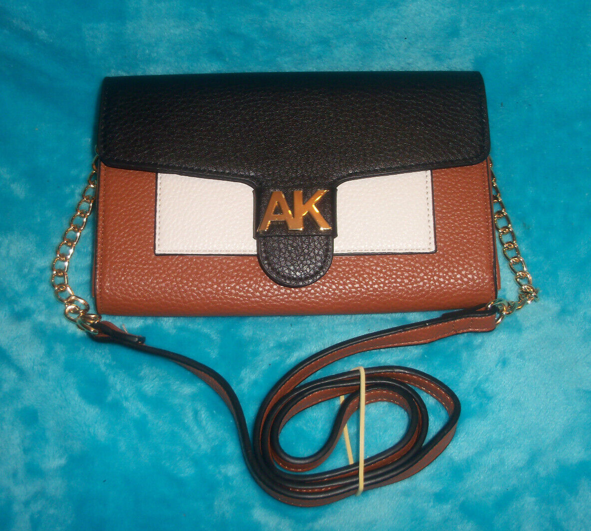 New ANNE KLIEN Black & Saddle Brown Wallet Crossbody Bag – CHAIN STRAP – PEBBLED