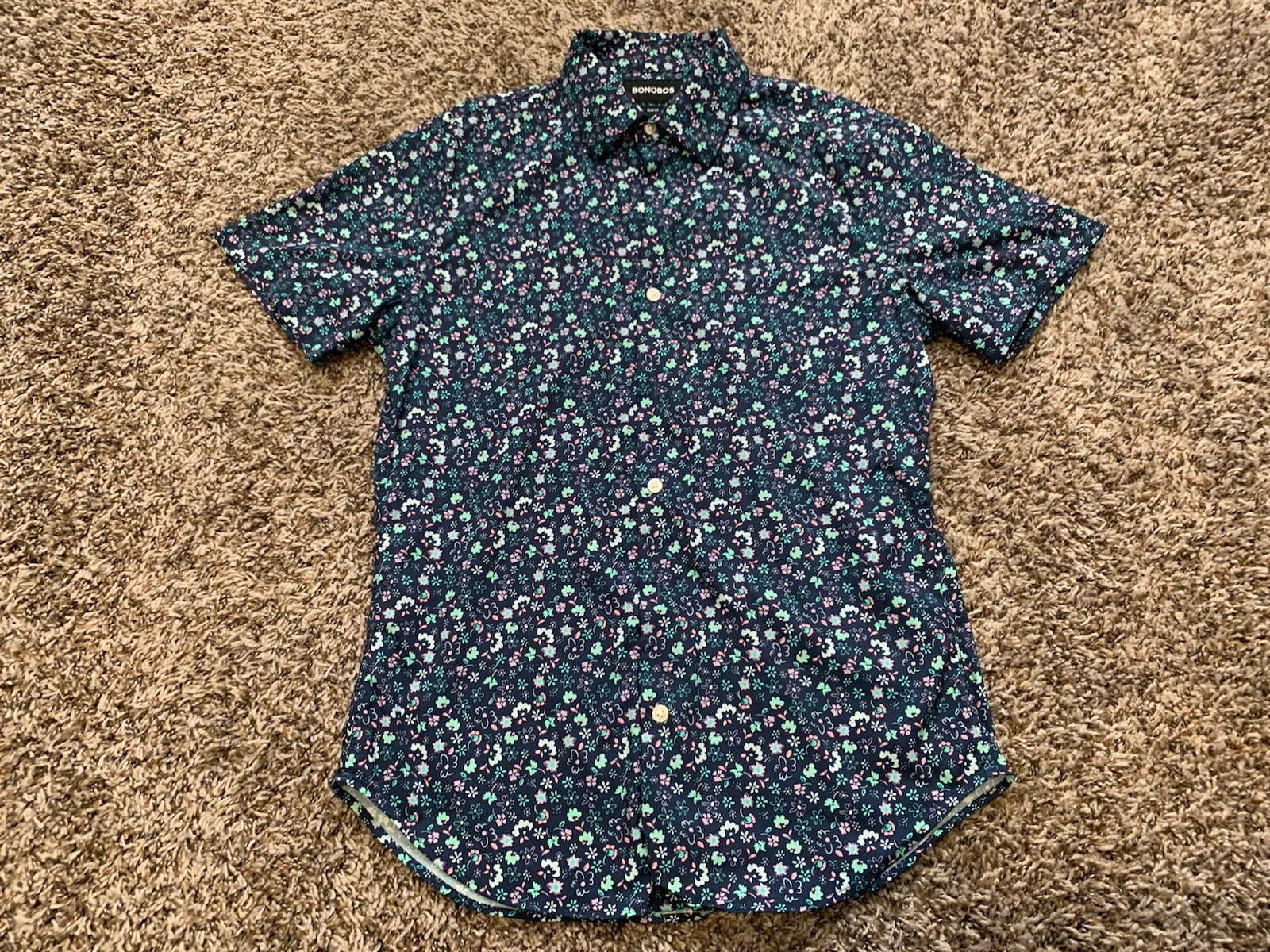 Bonobos Men’s Small Slim Fit Navy Weekend Floral Tech Short Sleeve Shirt